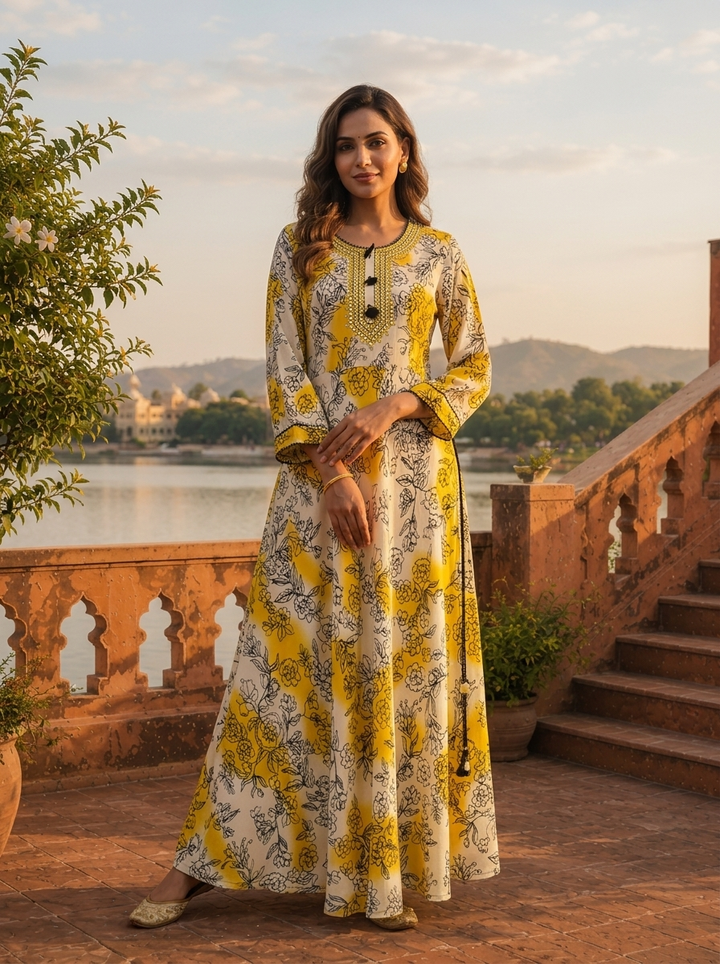 Yellow Rayon Ombre Floral Printed Long Dress