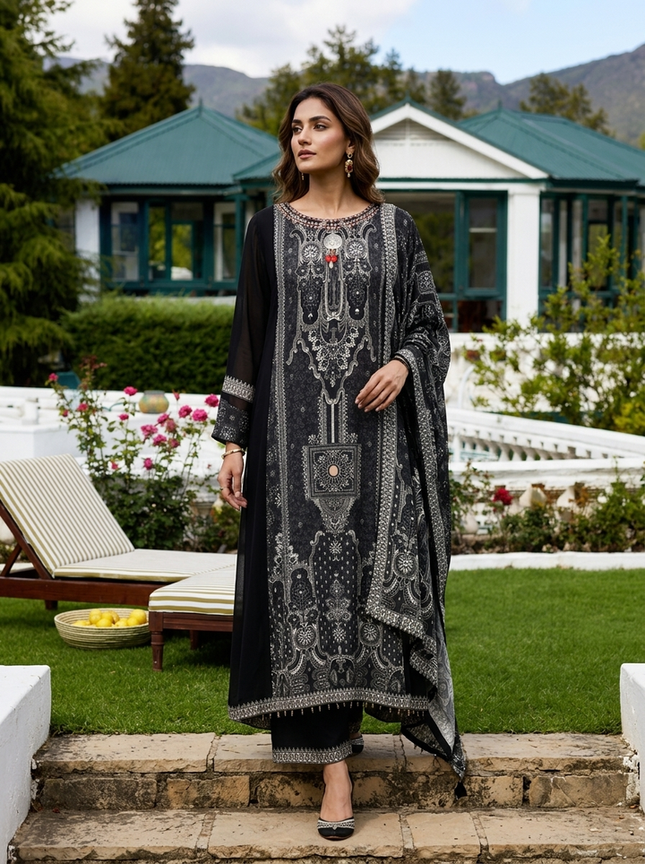Black Georgette Mughal Printed Three Piece Set