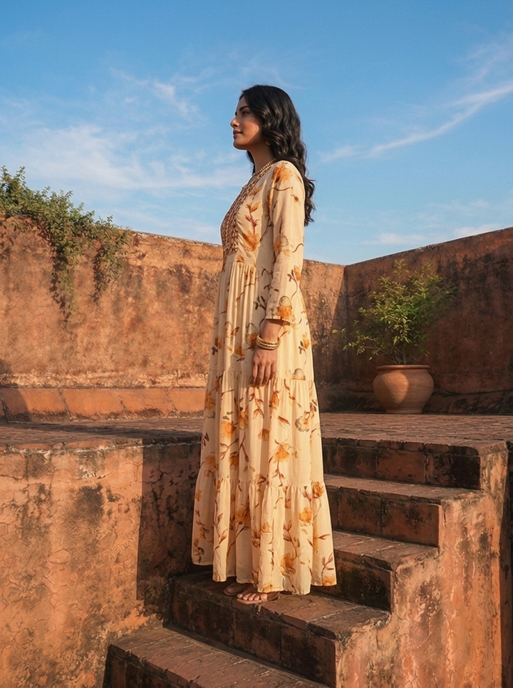 Mustard Rayon Floral Blossom Printed Dress