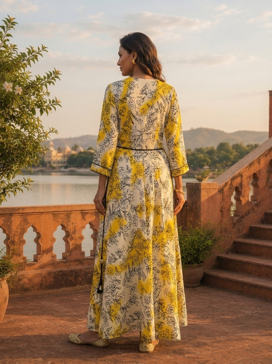 Yellow Rayon Ombre Floral Printed Long Dress