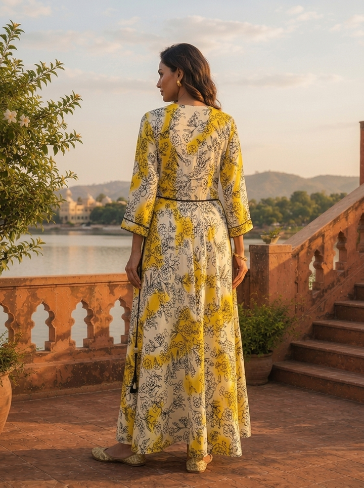 Yellow Rayon Ombre Floral Printed Long Dress