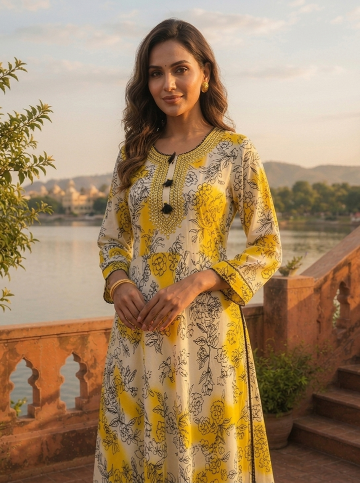 Yellow Rayon Ombre Floral Printed Long Dress