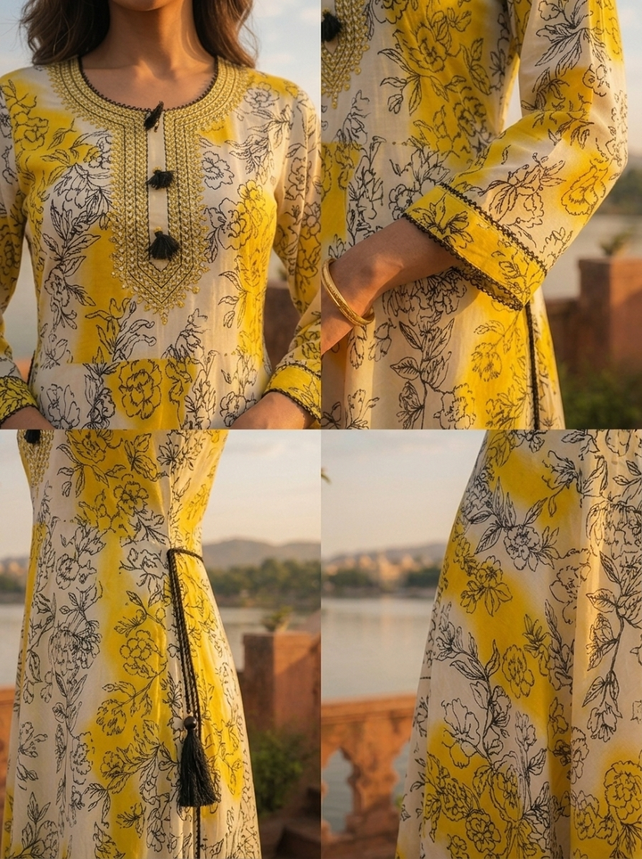 Yellow Rayon Ombre Floral Printed Long Dress