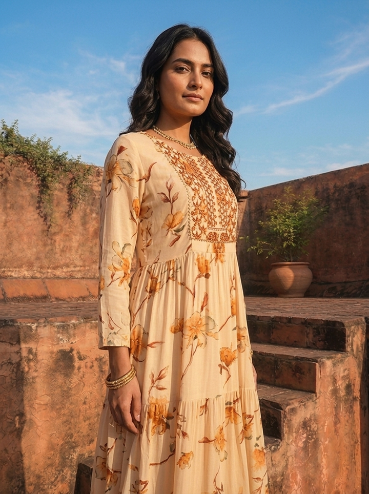 Mustard Rayon Floral Blossom Printed Dress