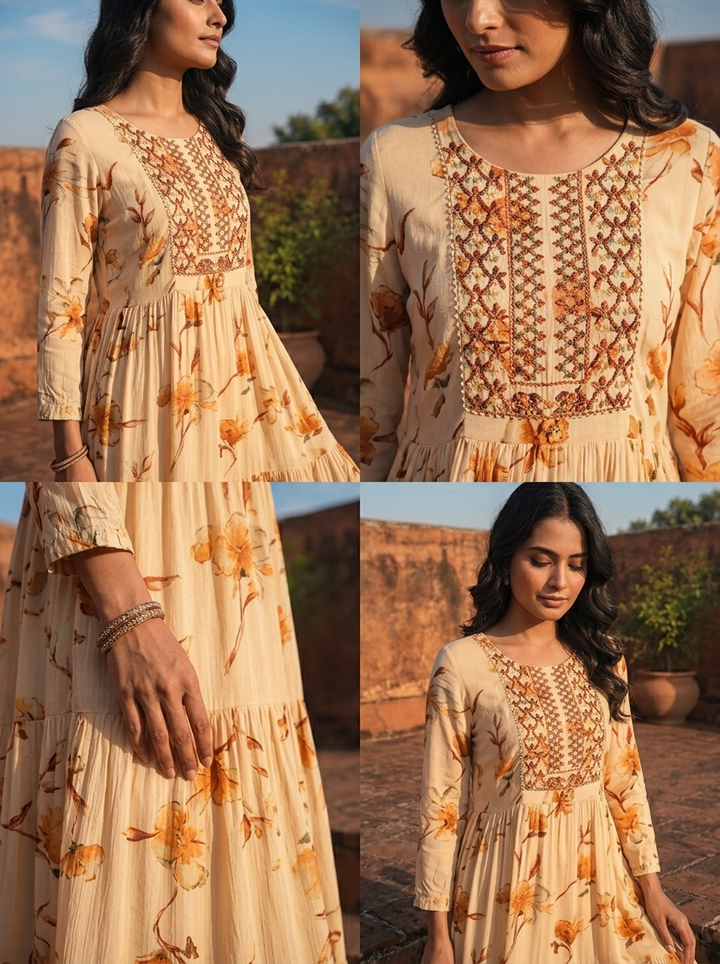 Mustard Rayon Floral Blossom Printed Dress