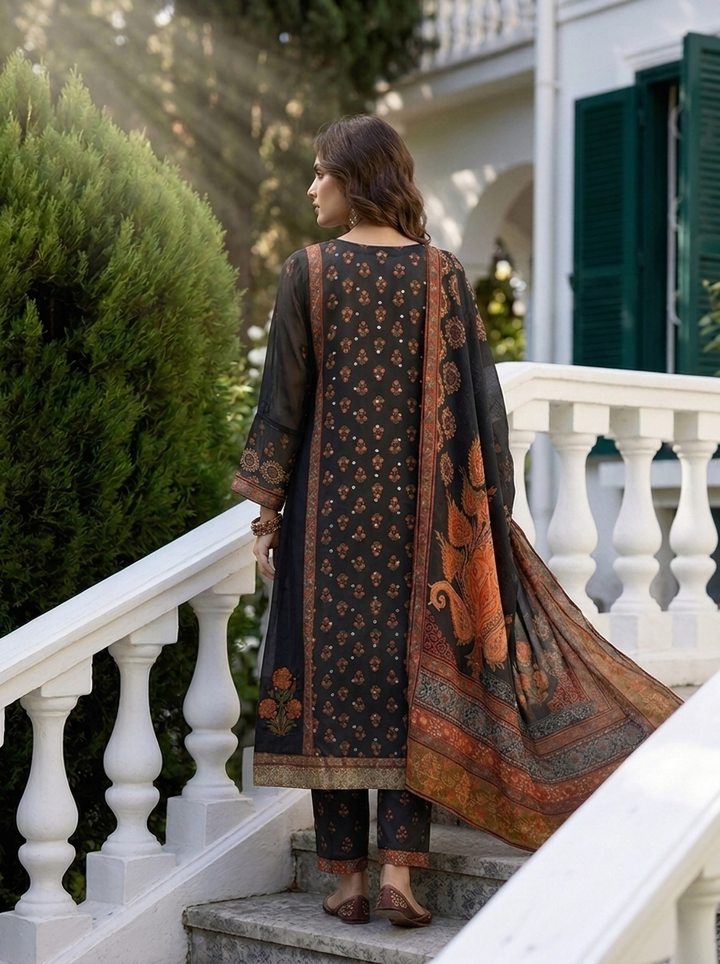 Black Georgette Ethnic Motif  Printed Three Piece Set