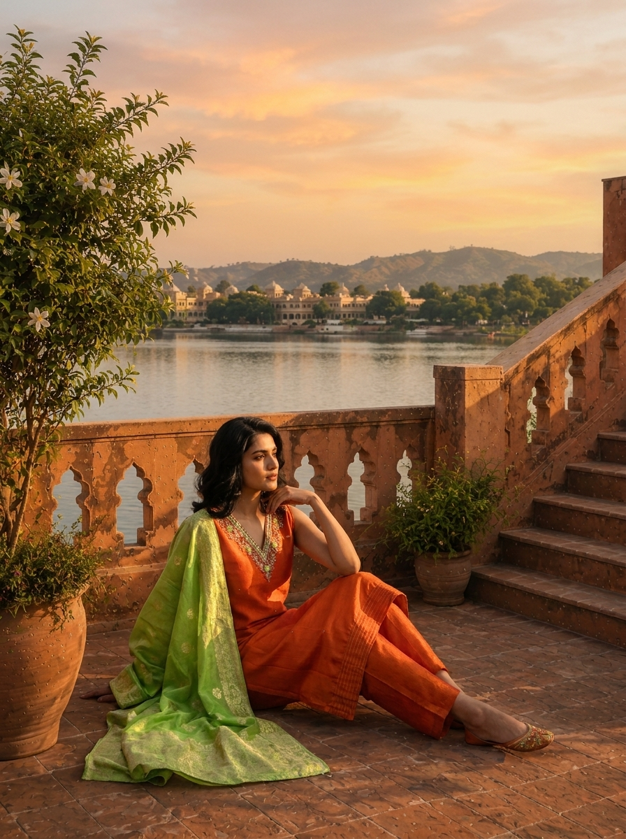 Rust Vichitra Silk Intricate Hand Embroidery Three Piece Set