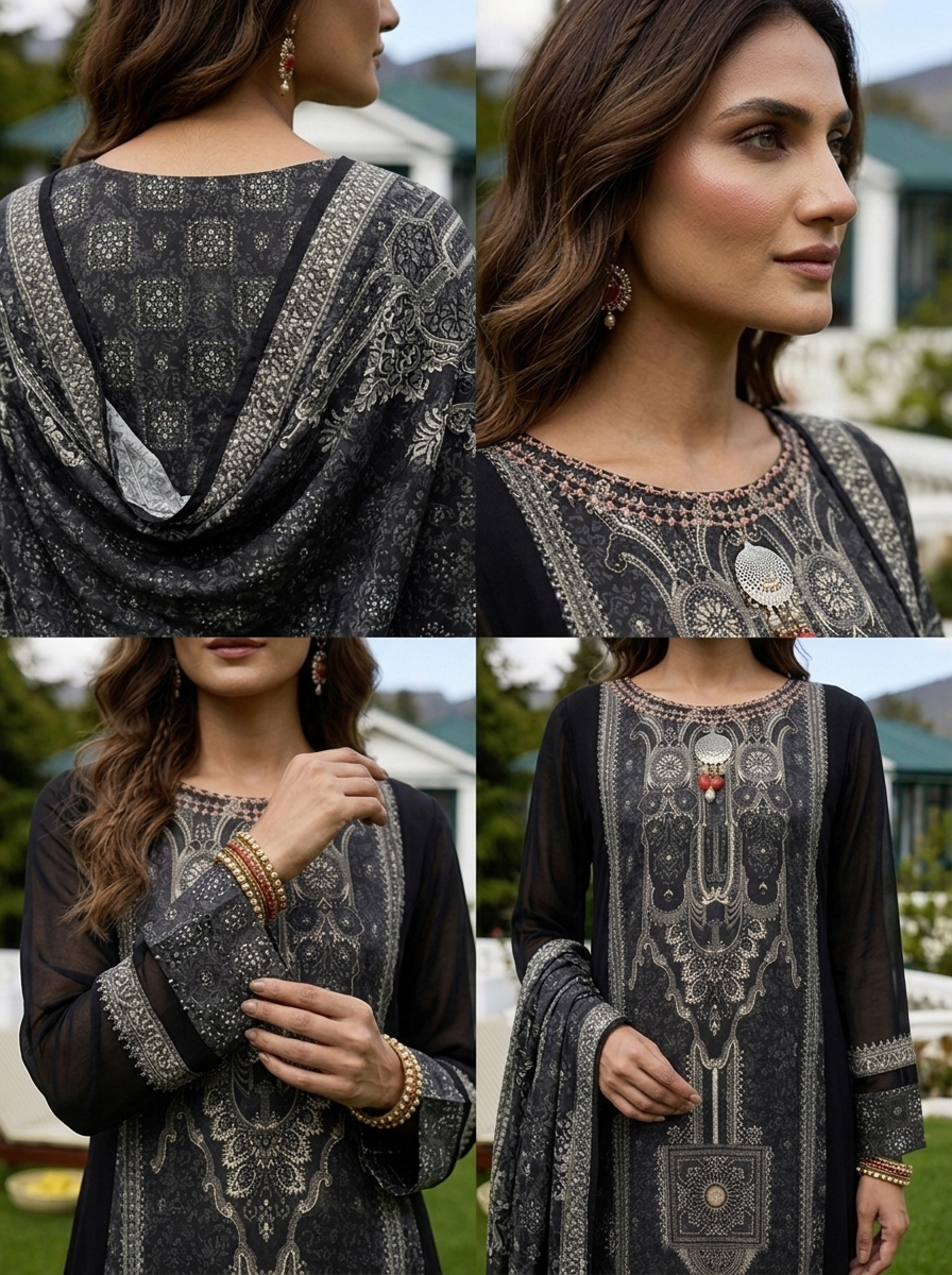 Black Georgette Mughal Printed Three Piece Set