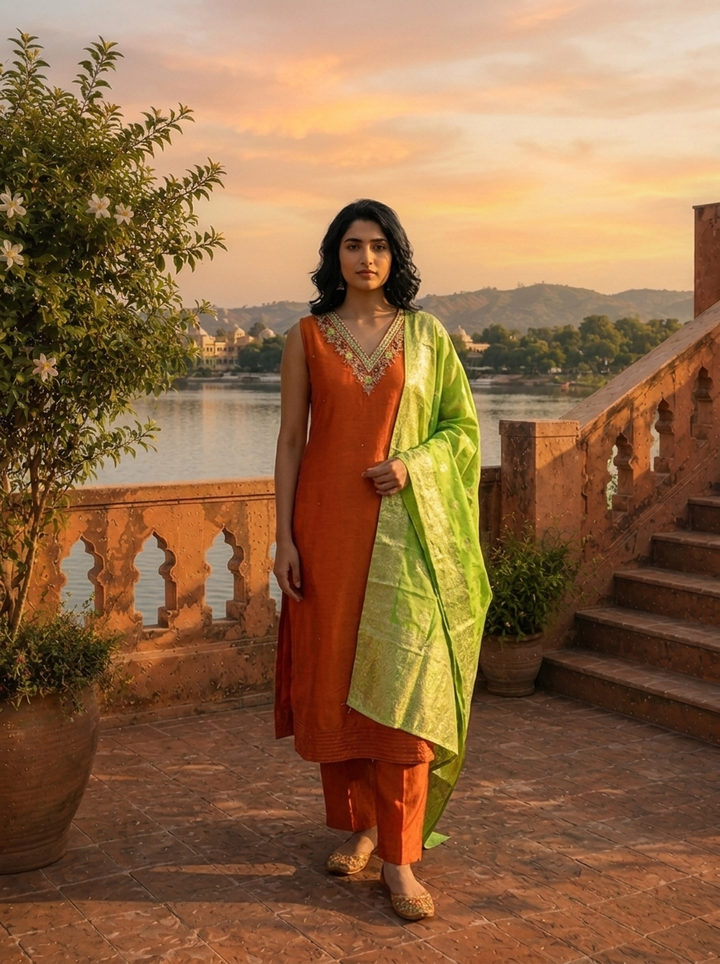 Rust Vichitra Silk Intricate Hand Embroidery Three Piece Set