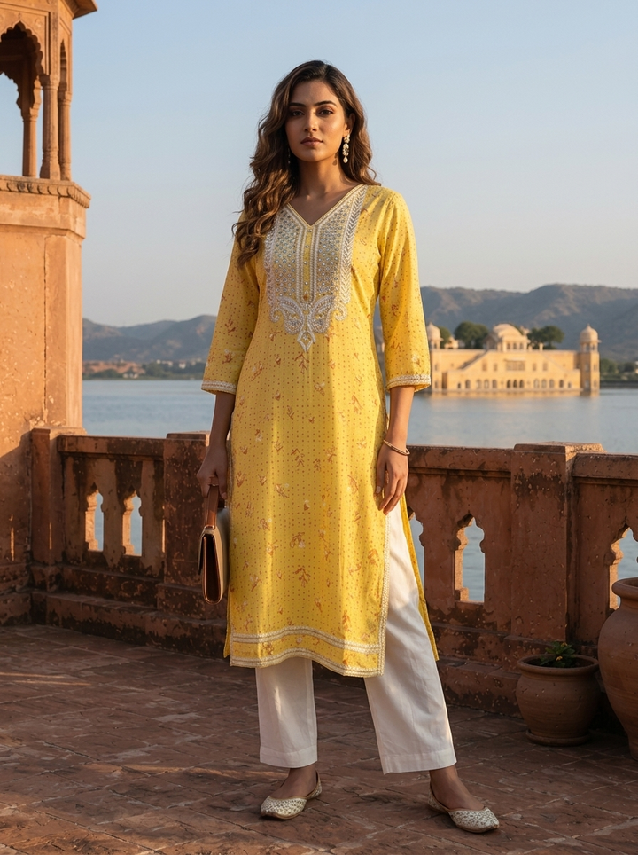 Yellow Rayon Floral Buti Printed Kurta