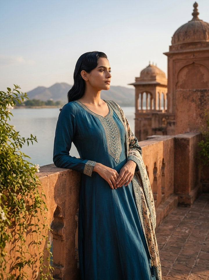Peacock Silk Embroidery Three Piece Set With Contrast Dupatta