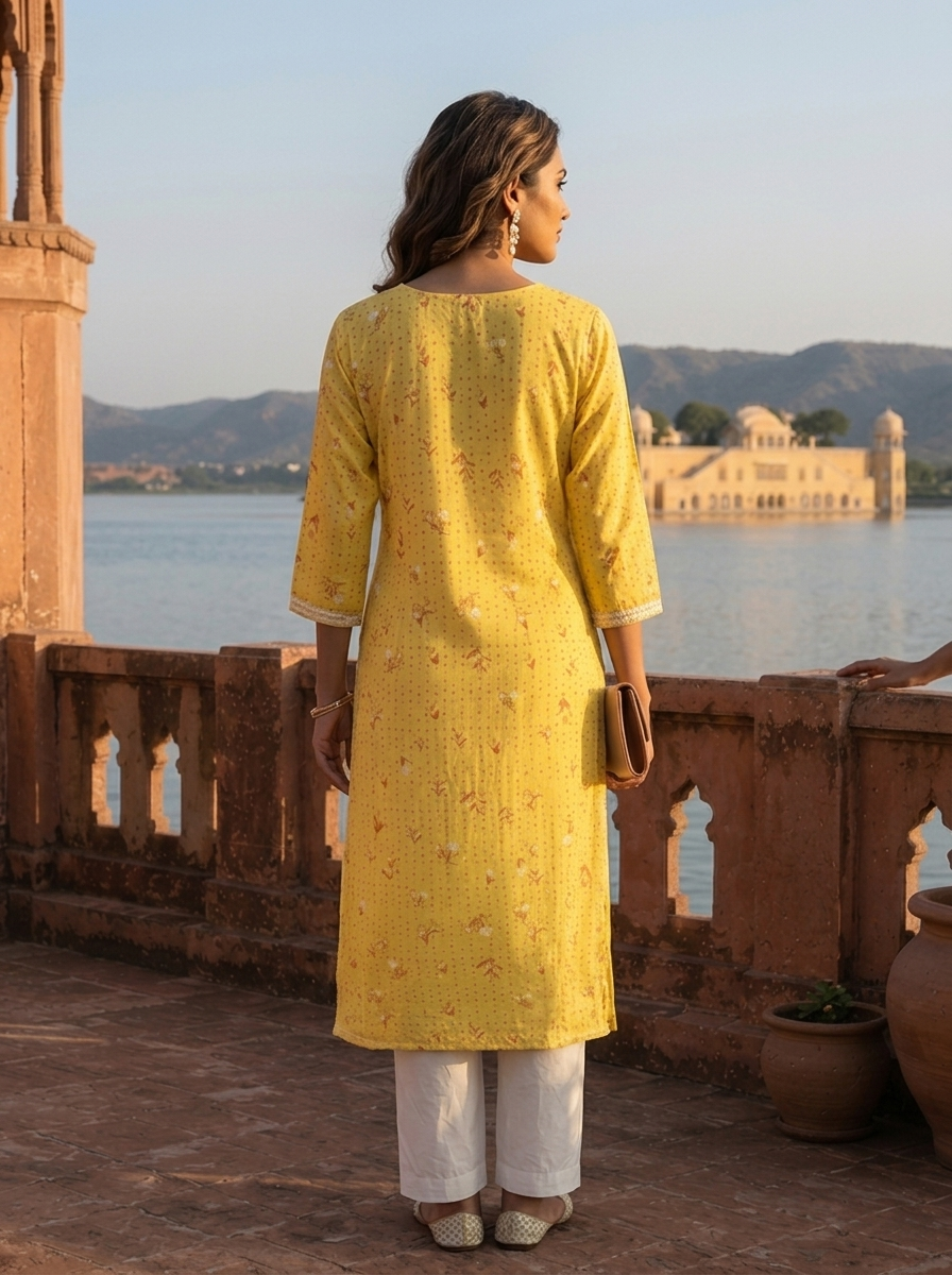 Yellow Rayon Floral Buti Printed Kurta