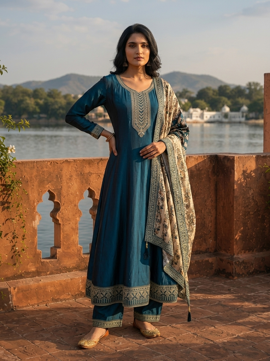 Peacock Silk Embroidery Three Piece Set With Contrast Dupatta
