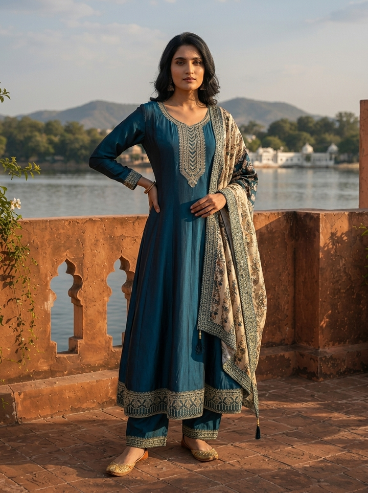 Peacock Silk Embroidery Three Piece Set With Contrast Dupatta