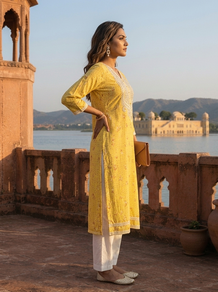 Yellow Rayon Floral Buti Printed Kurta