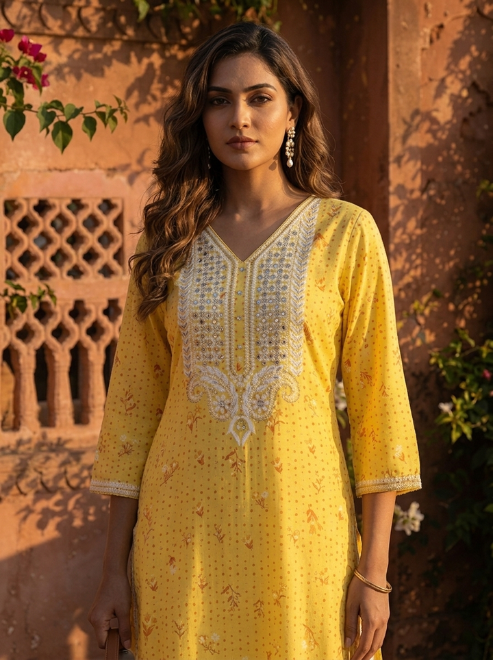 Yellow Rayon Floral Buti Printed Kurta