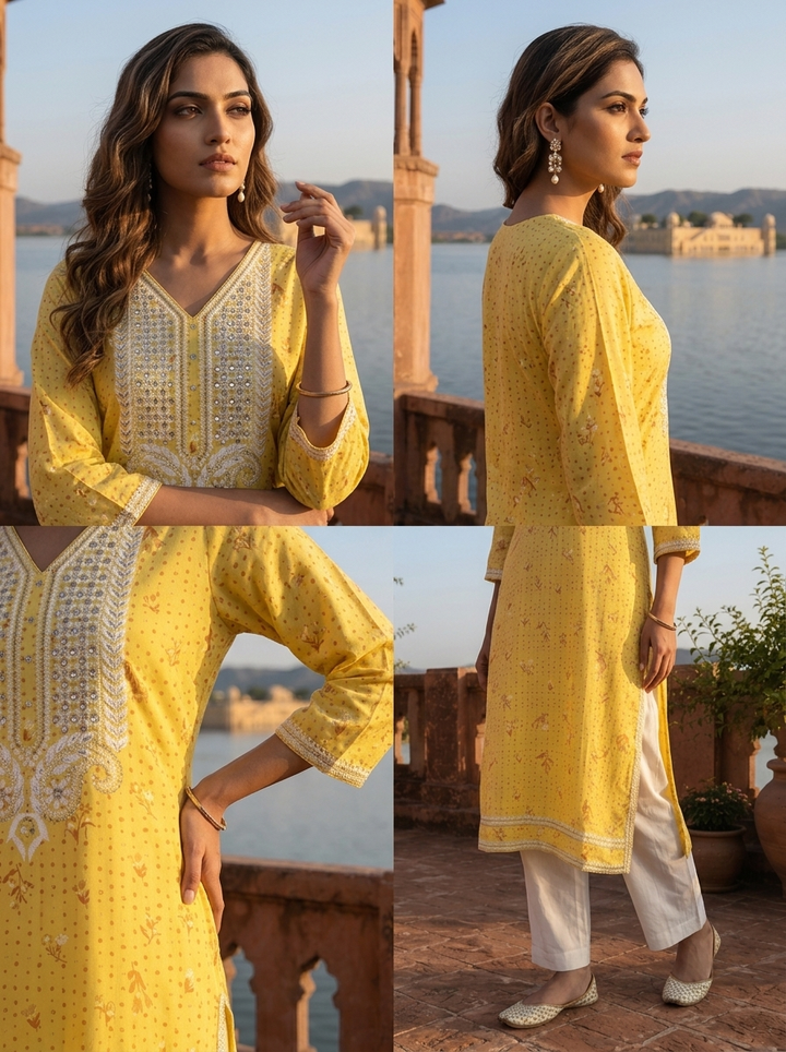 Yellow Rayon Floral Buti Printed Kurta