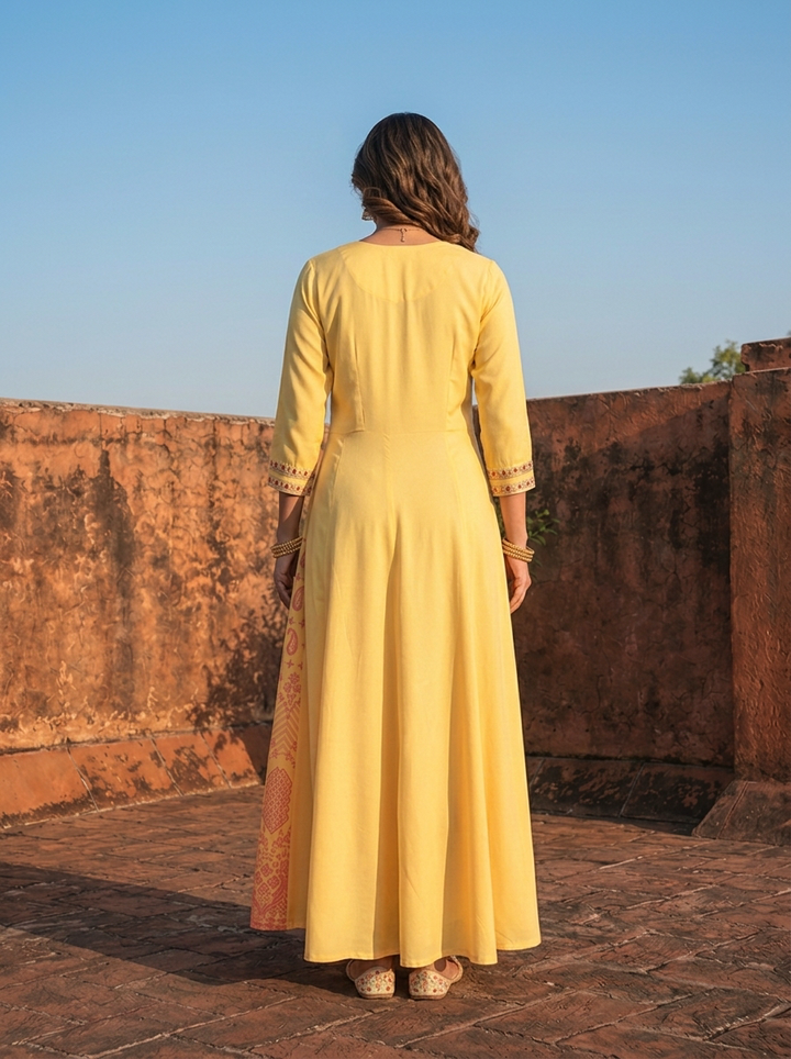 Yellow Rayon Paisley Printed Long Dress