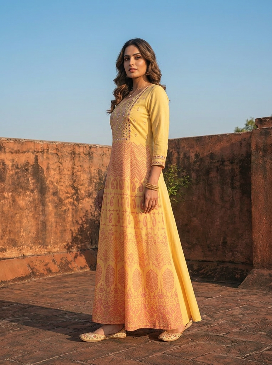 Yellow Rayon Paisley Printed Long Dress