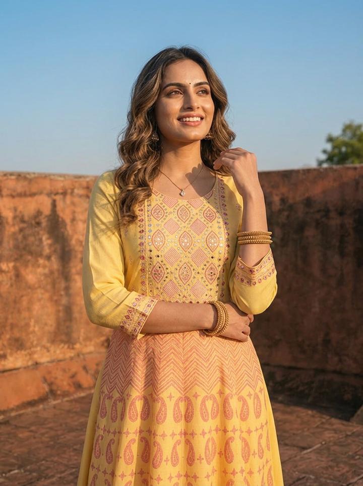 Yellow Rayon Paisley Printed Long Dress