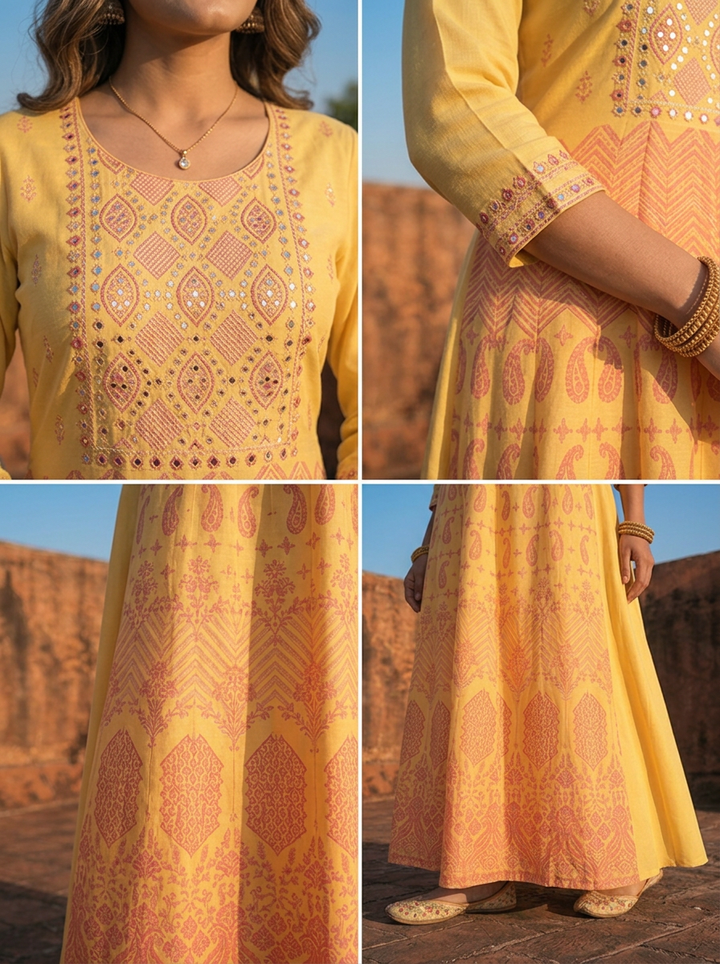 Yellow Rayon Paisley Printed Long Dress