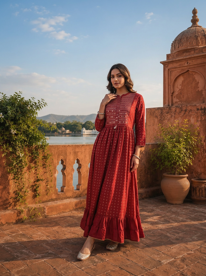 Maroon Muslin Gold Foil Buti Printed Dress With Foil Mirror Yoke Design