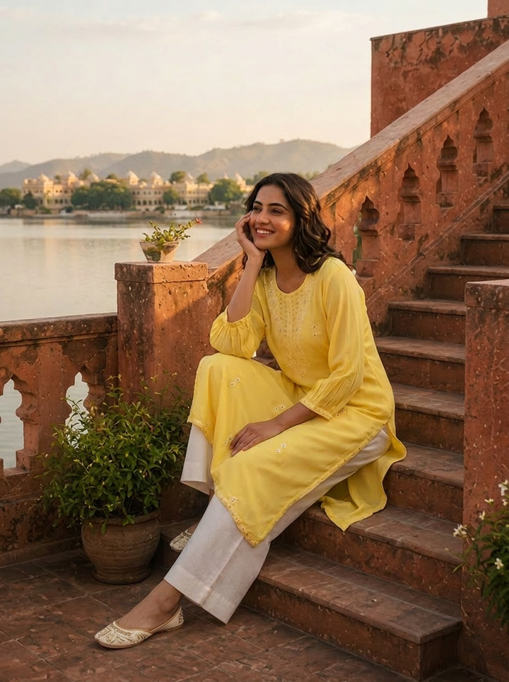 Lemon Rayon Scattered Buti Embroidery Kurta