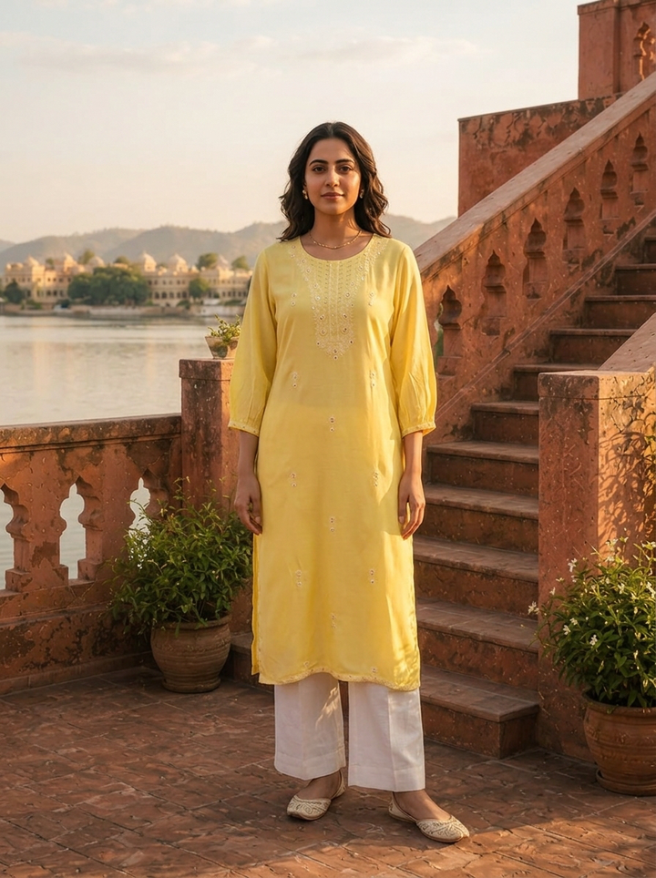 Lemon Rayon Scattered Buti Embroidery Kurta