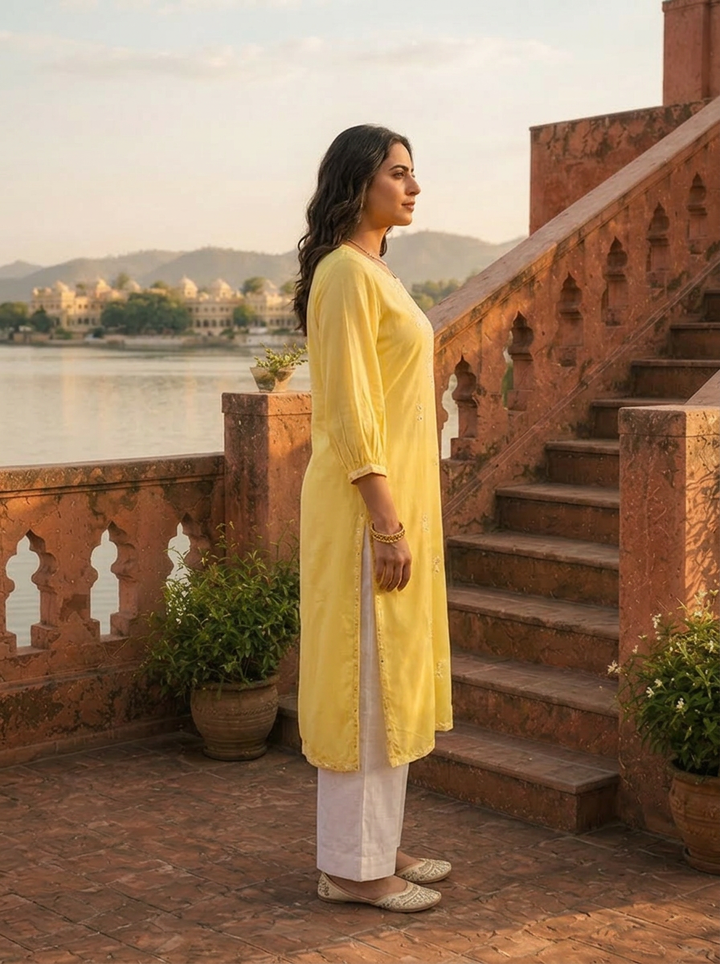 Lemon Rayon Scattered Buti Embroidery Kurta