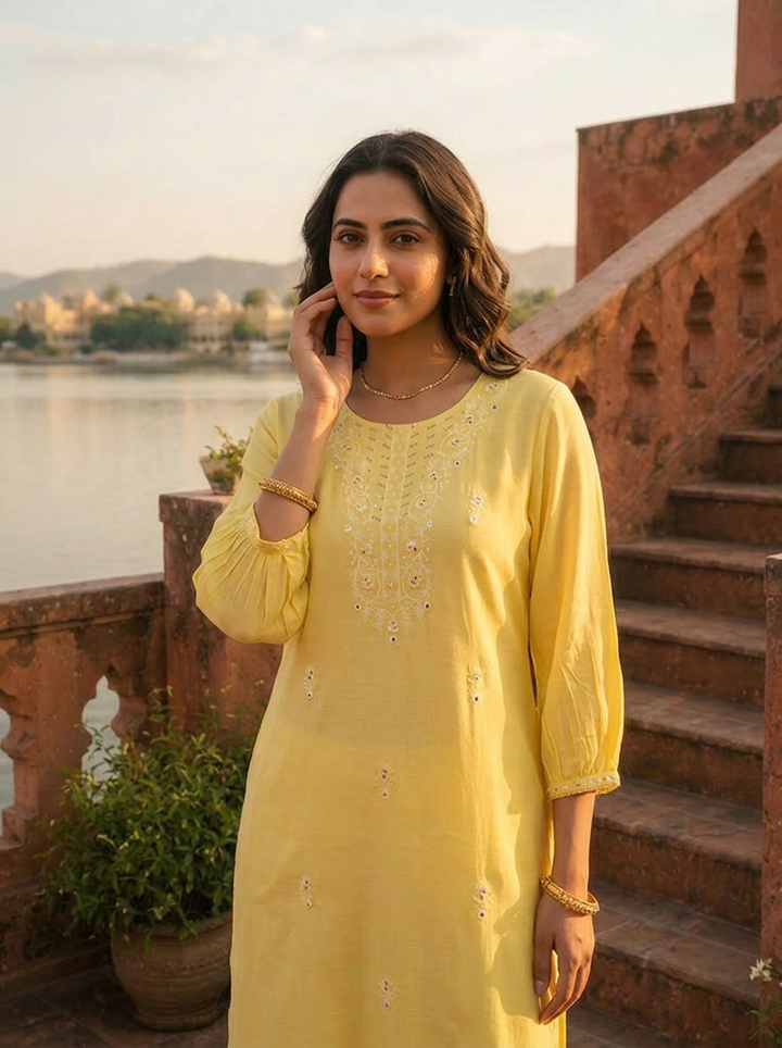 Lemon Rayon Scattered Buti Embroidery Kurta