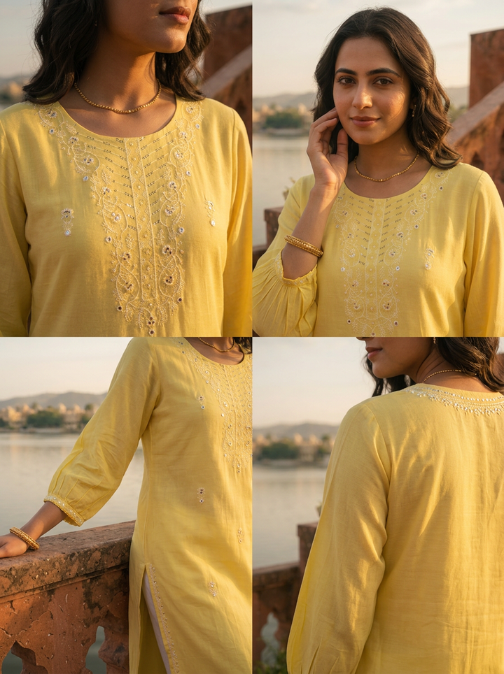 Lemon Rayon Scattered Buti Embroidery Kurta