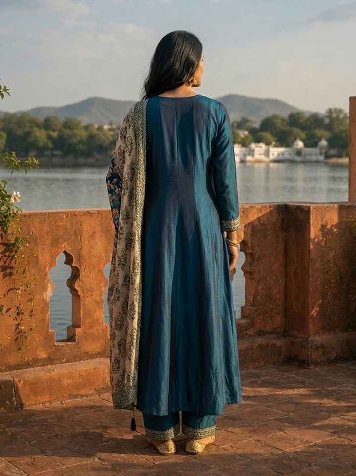 Peacock Silk Embroidery Three Piece Set With Contrast Dupatta