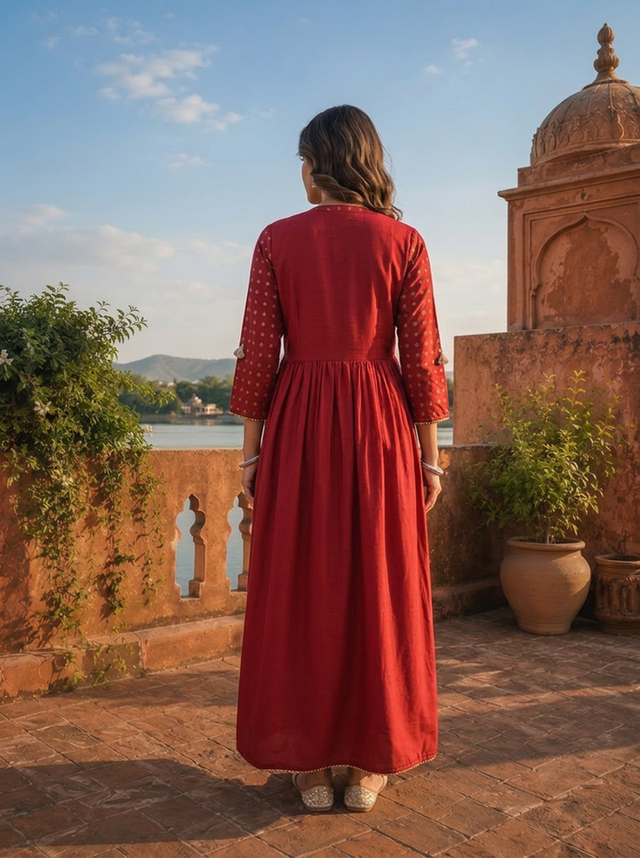 Maroon Muslin Gold Foil Buti Printed Dress With Foil Mirror Yoke Design