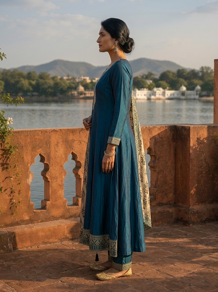 Peacock Silk Embroidery Three Piece Set With Contrast Dupatta