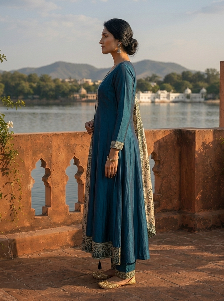 Peacock Silk Embroidery Three Piece Set With Contrast Dupatta