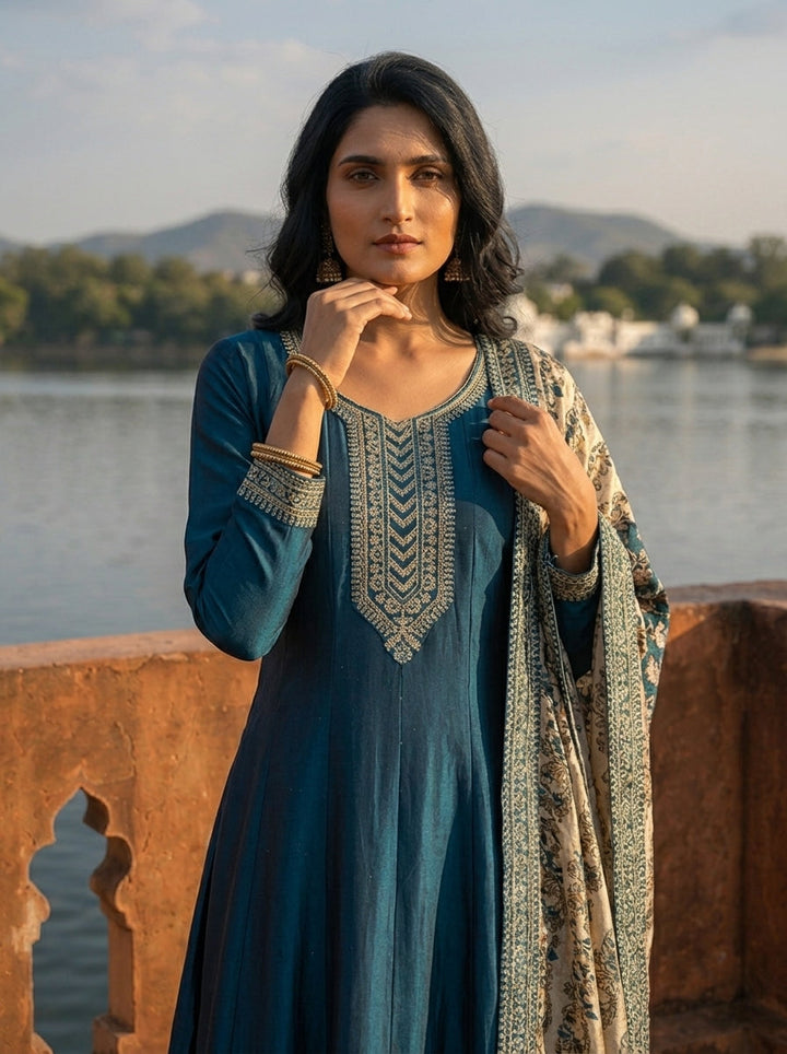 Peacock Silk Embroidery Three Piece Set With Contrast Dupatta