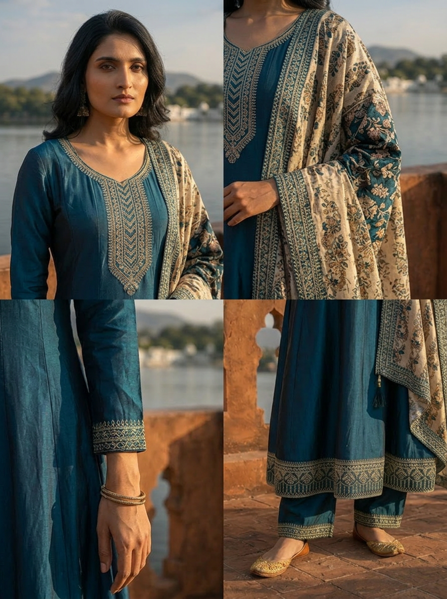 Peacock Silk Embroidery Three Piece Set With Contrast Dupatta
