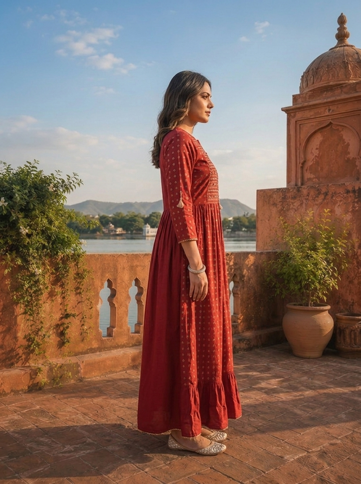 Maroon Muslin Gold Foil Buti Printed Dress With Foil Mirror Yoke Design