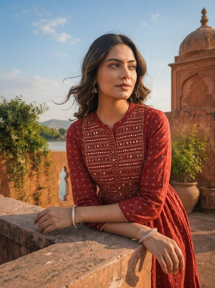 Maroon Muslin Gold Foil Buti Printed Dress With Foil Mirror Yoke Design