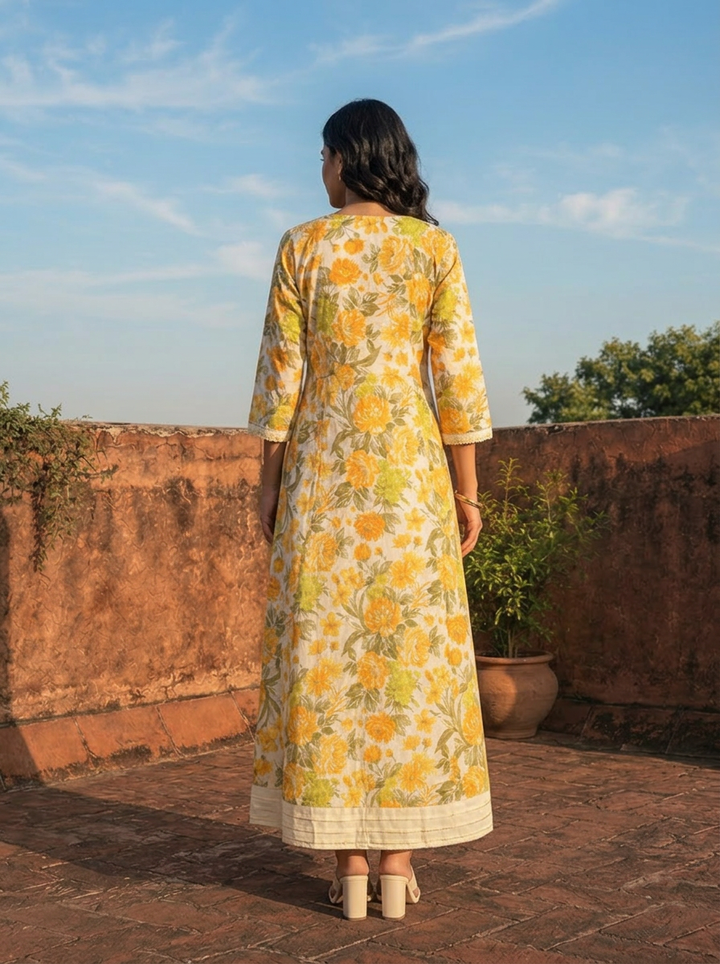 Yellow Muslin Floral Blossom Printed Dress