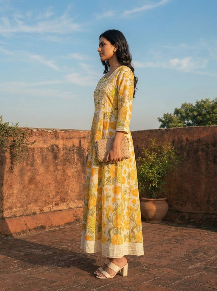 Yellow Muslin Floral Blossom Printed Dress