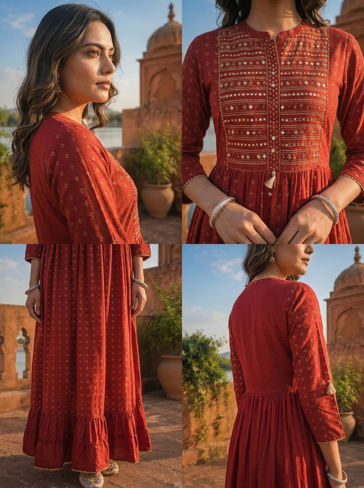 Maroon Muslin Gold Foil Buti Printed Dress With Foil Mirror Yoke Design