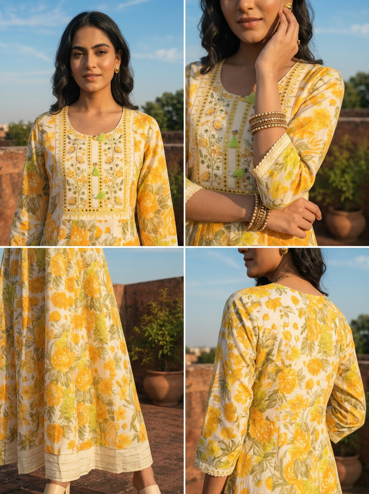 Yellow Muslin Floral Blossom Printed Dress