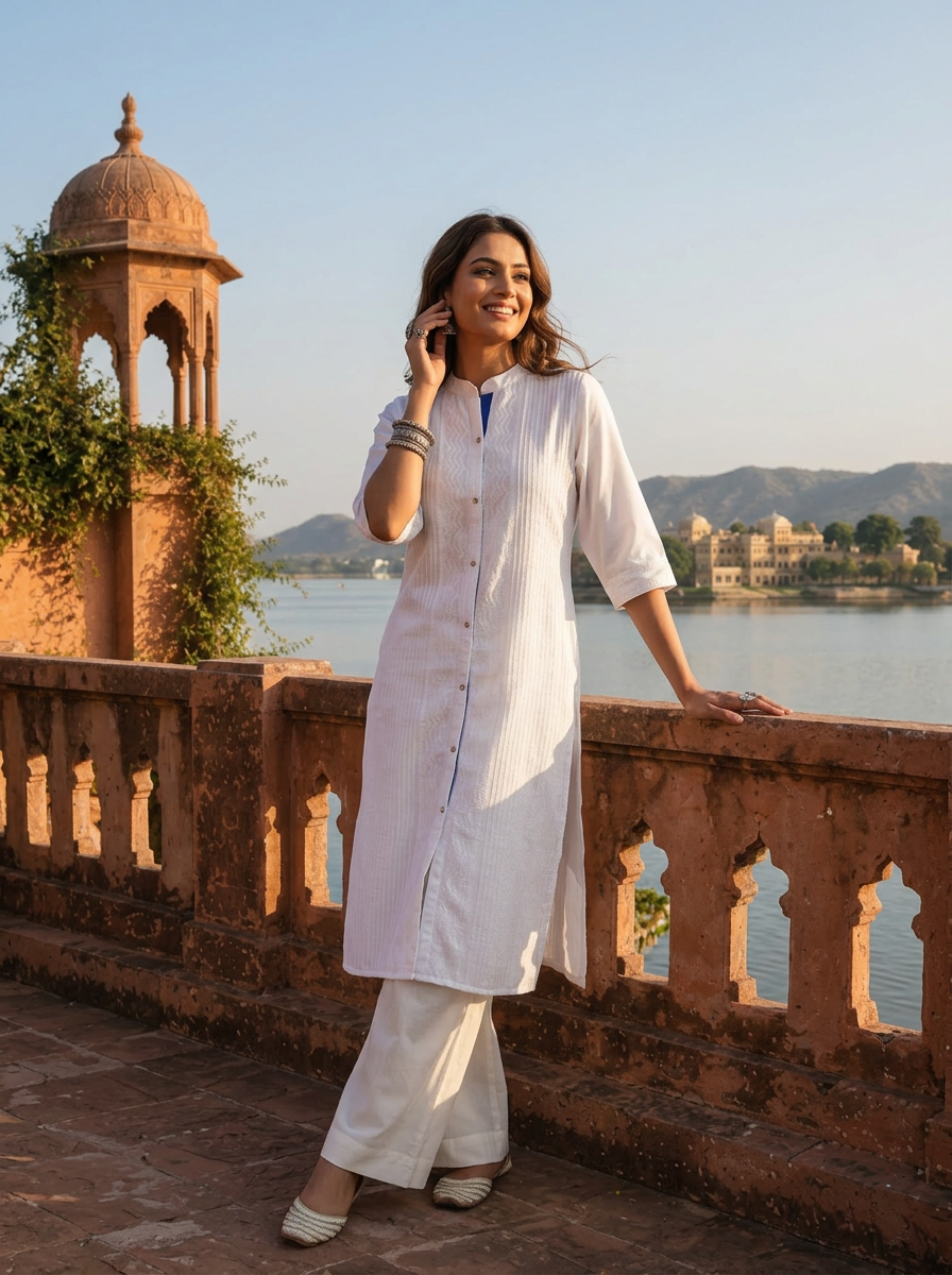 White Silk Pintuck Embroidery Kurta