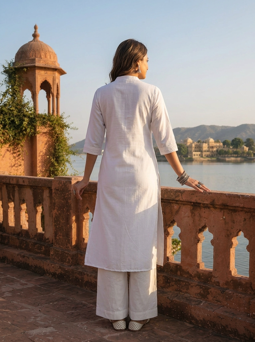 White Silk Pintuck Embroidery Kurta