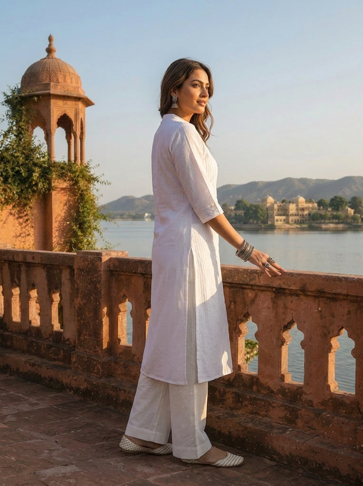 White Silk Pintuck Embroidery Kurta