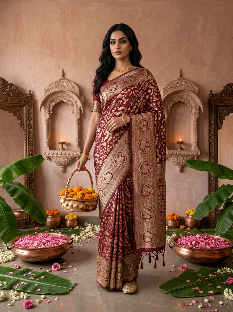 Wine Silk Mor Design Weaved Saree
