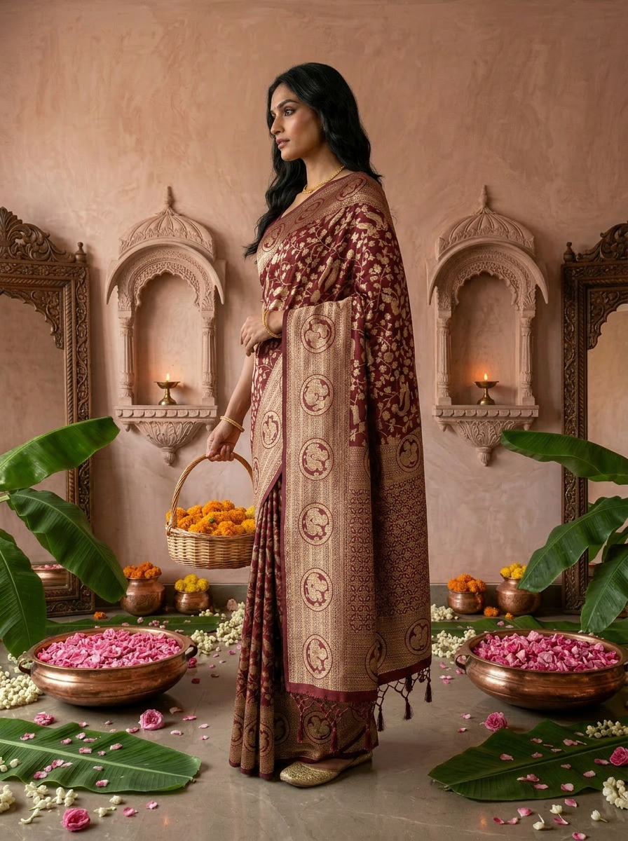Wine Silk Mor Design Weaved Saree