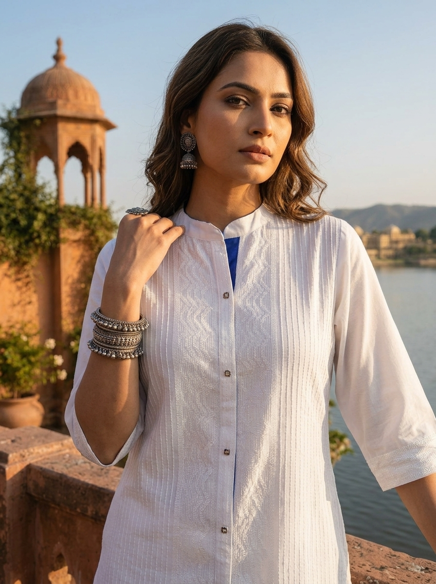 White Silk Pintuck Embroidery Kurta