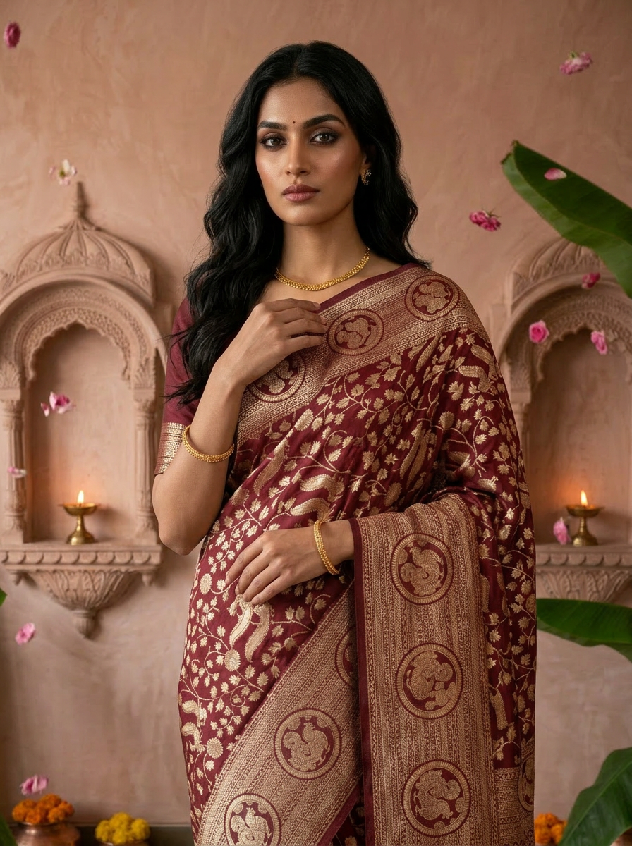 Wine Silk Mor Design Weaved Saree